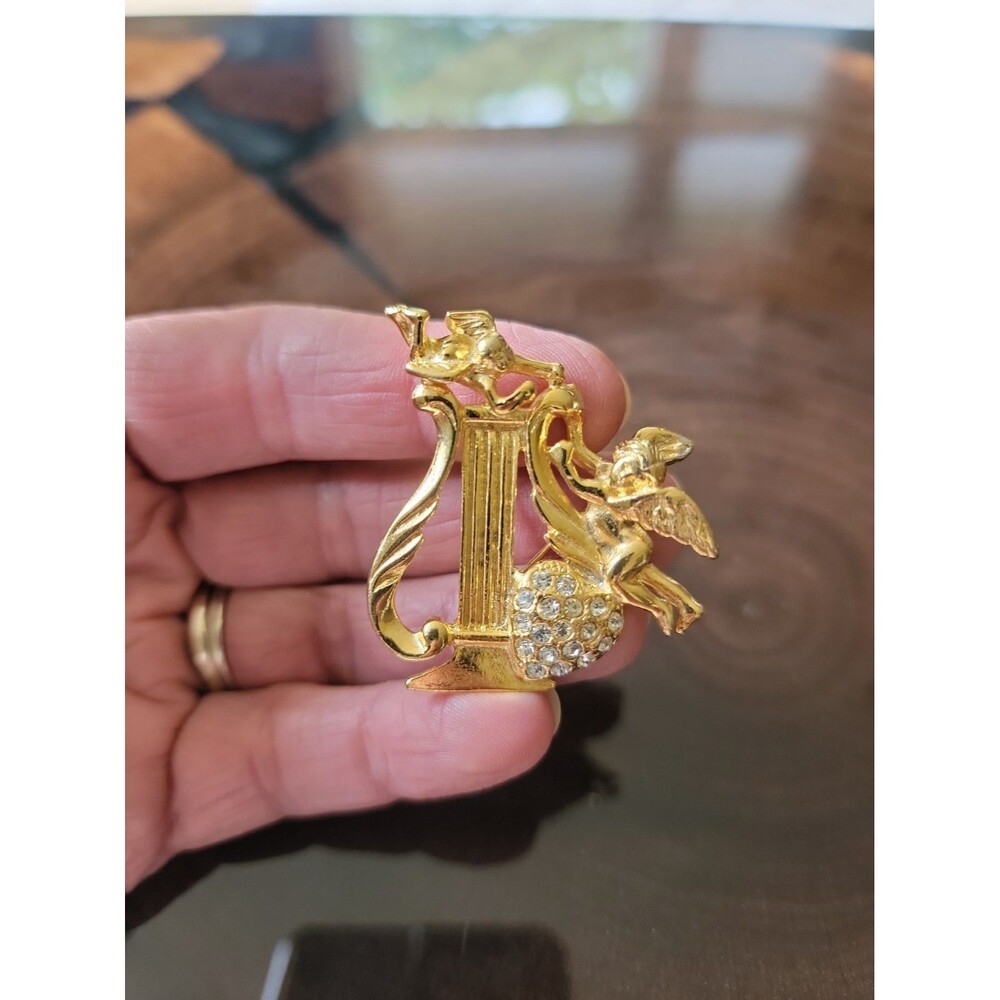 Signed Premier Designs Vintage Gold Crystal Angel Harp Pin Brooch